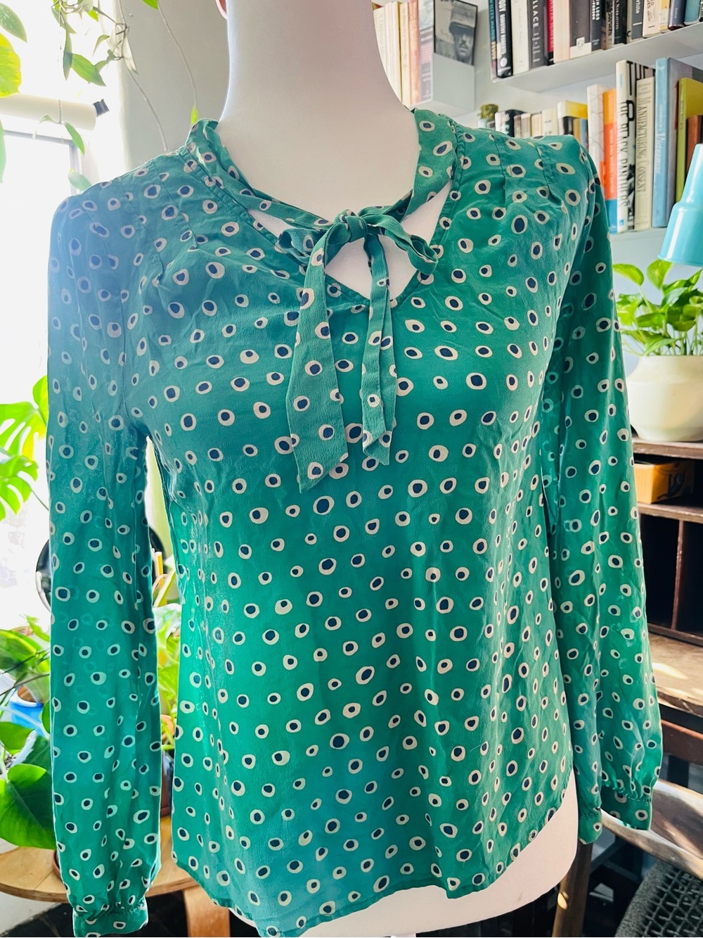 100% Silk Tie-Neck Printed Long-Sleeve Blouse in Green with Navy/white dots.